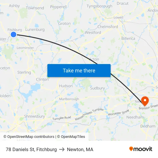 78 Daniels St, Fitchburg to Newton, MA map