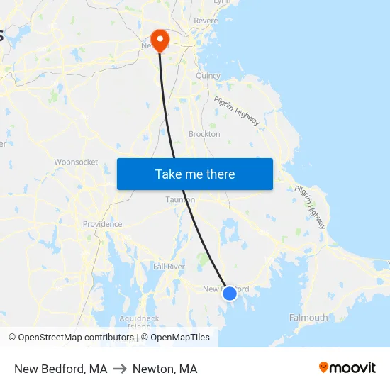 New Bedford, MA to Newton, MA map