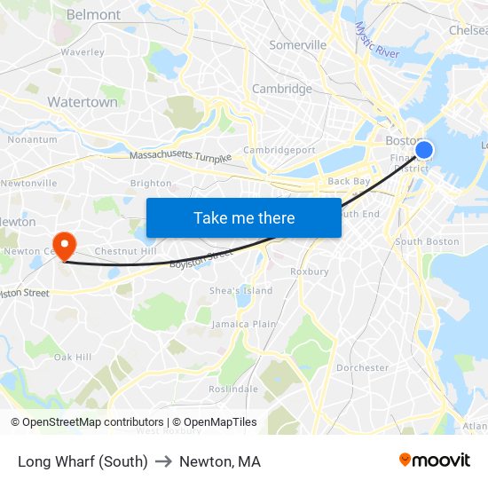 Long Wharf (South) to Newton, MA map