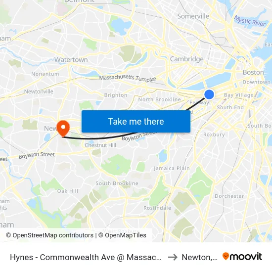 Hynes - Commonwealth Ave @ Massachusetts Ave to Newton, MA map