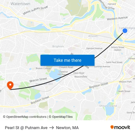 Pearl St @ Putnam Ave to Newton, MA map