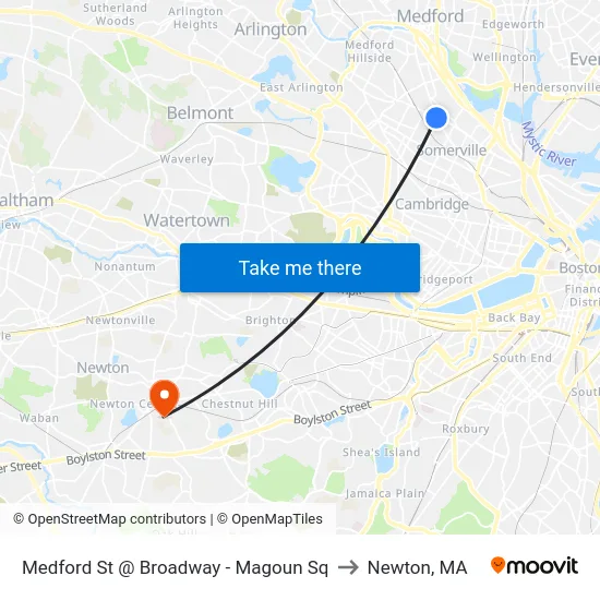 Medford St @ Broadway - Magoun Sq to Newton, MA map