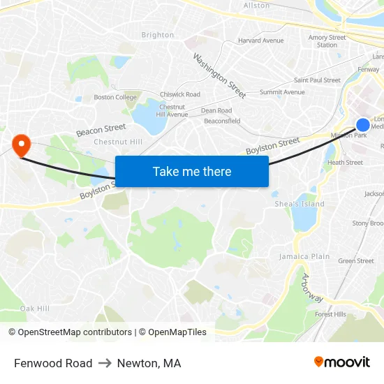 Fenwood Road to Newton, MA map