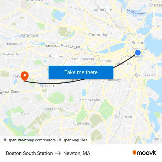 Boston South Station to Newton, MA map