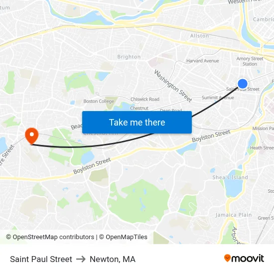 Saint Paul Street to Newton, MA map
