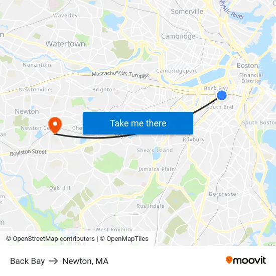 Back Bay to Newton, MA map