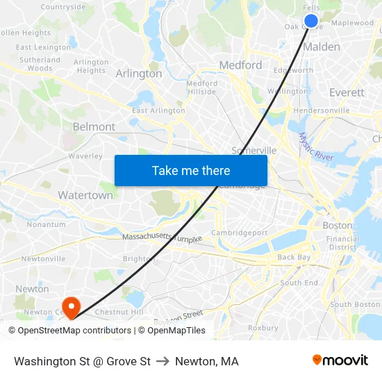 Washington St @ Grove St to Newton, MA map