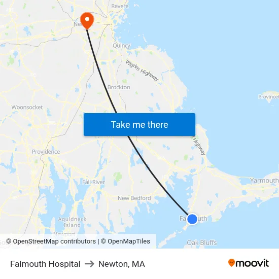 Falmouth Hospital to Newton, MA map