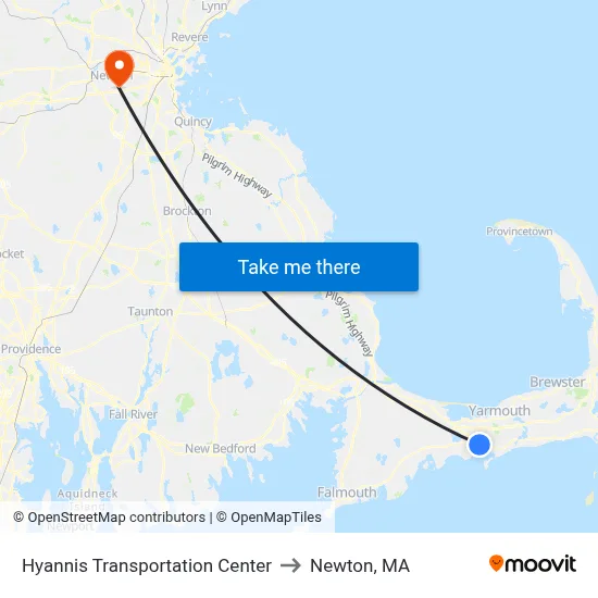 Hyannis Transportation Center to Newton, MA map