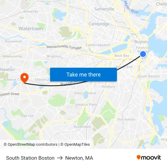 South Station Boston to Newton, MA map