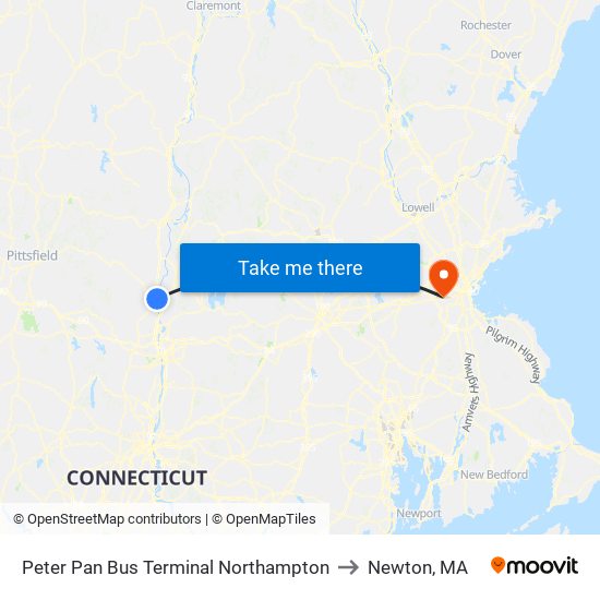 Peter Pan Bus Terminal Northampton to Newton, MA map