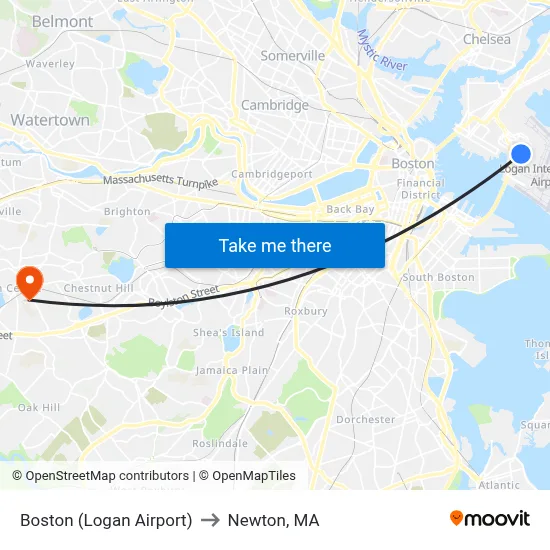 Boston (Logan Airport) to Newton, MA map