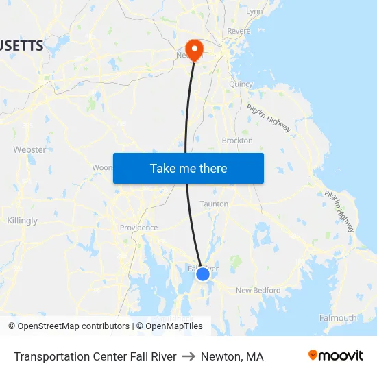 Transportation Center Fall River to Newton, MA map