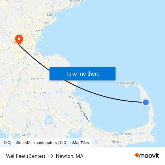 Wellfleet (Center) to Newton, MA map