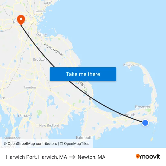 Harwich Port, Harwich, MA to Newton, MA map
