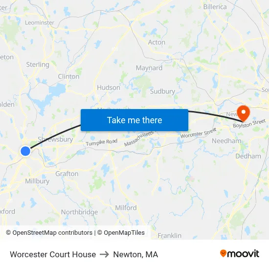 Worcester Court House to Newton, MA map