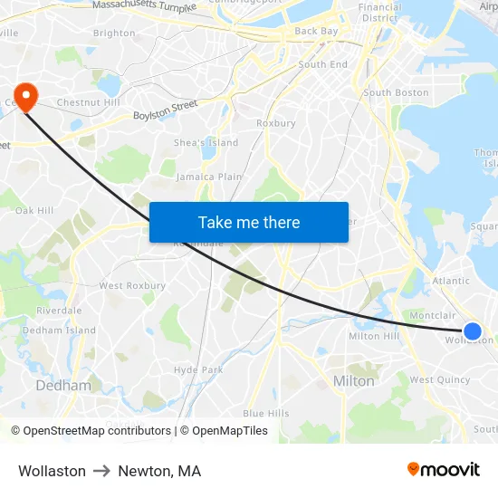 Wollaston to Newton, MA map