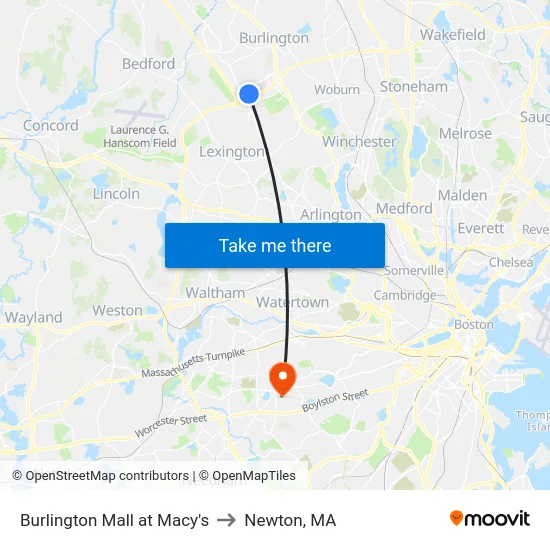Burlington Mall at Macy's to Newton, MA map