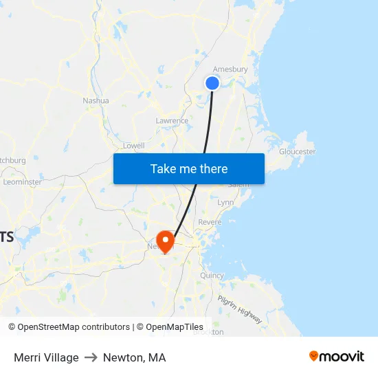 Merri Village to Newton, MA map