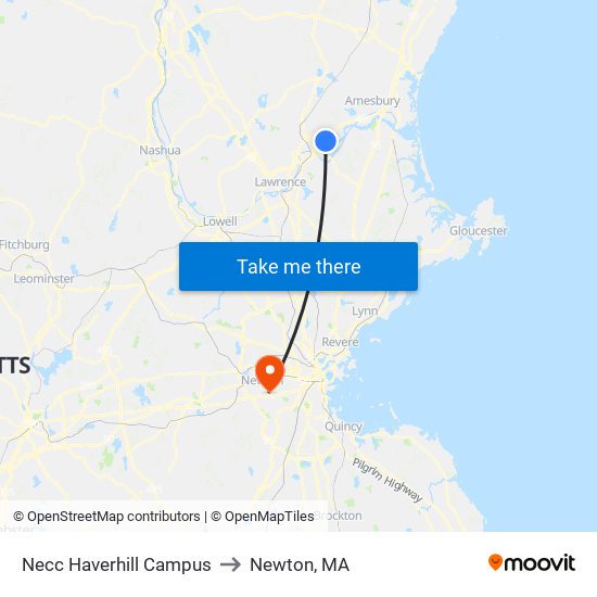 Necc Haverhill Campus to Newton, MA map