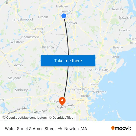 Water Street & Ames Street to Newton, MA map