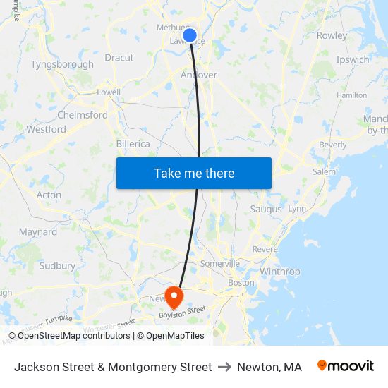 Jackson Street & Montgomery Street to Newton, MA map