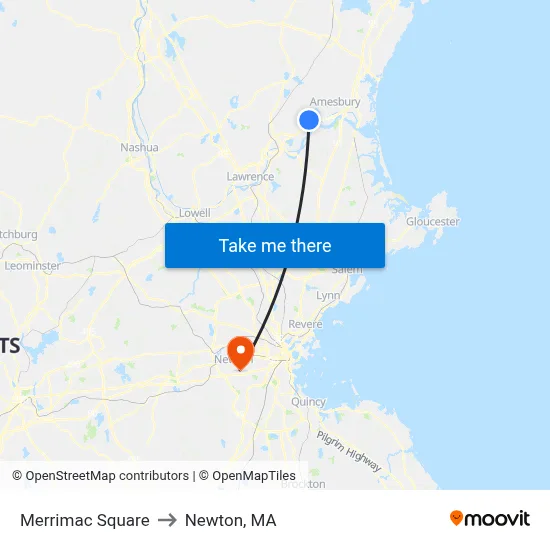 Merrimac Square to Newton, MA map