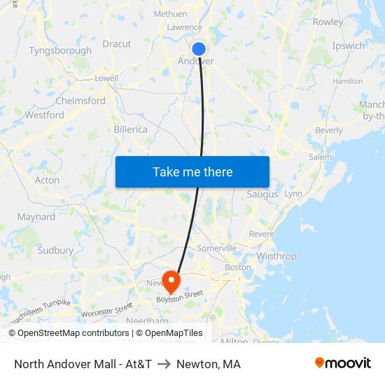 North Andover Mall - At&T to Newton, MA map