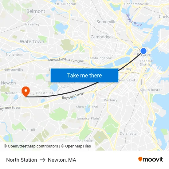 North Station to Newton, MA map