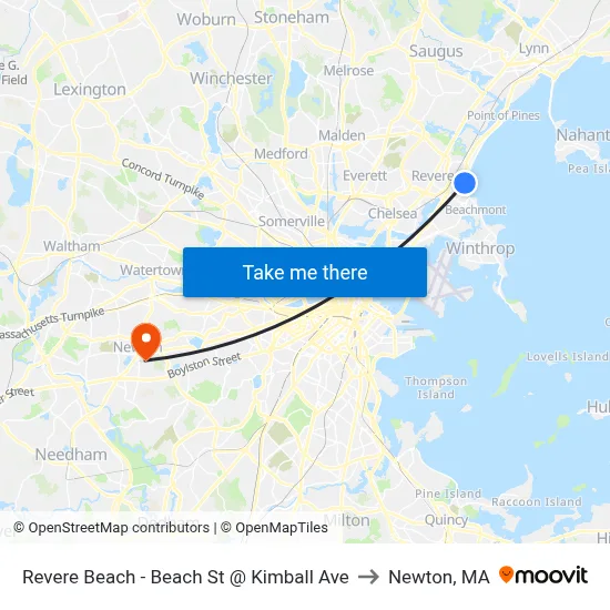 Revere Beach - Beach St @ Kimball Ave to Newton, MA map