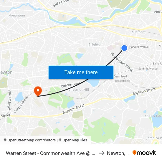 Warren Street - Commonwealth Ave @ Kelton St to Newton, MA map