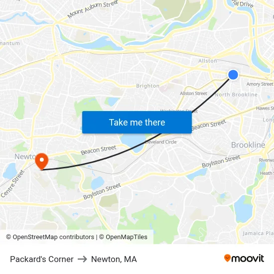 Packard's Corner to Newton, MA map