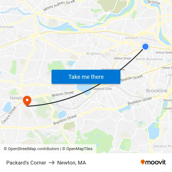 Packard's Corner to Newton, MA map