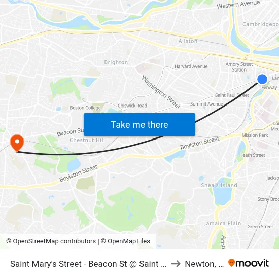 Saint Mary's Street - Beacon St @ Saint Mary's St to Newton, MA map