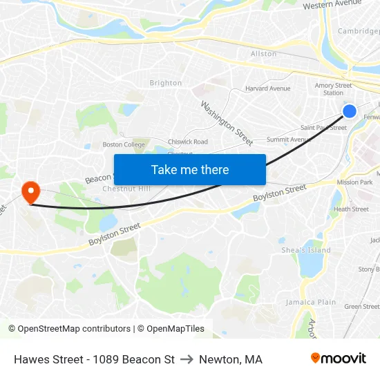 Hawes Street - 1089 Beacon St to Newton, MA map