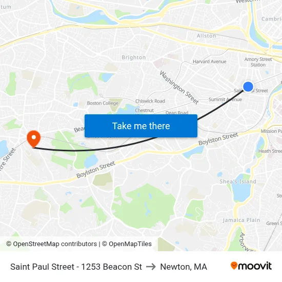 Saint Paul Street - 1253 Beacon St to Newton, MA map