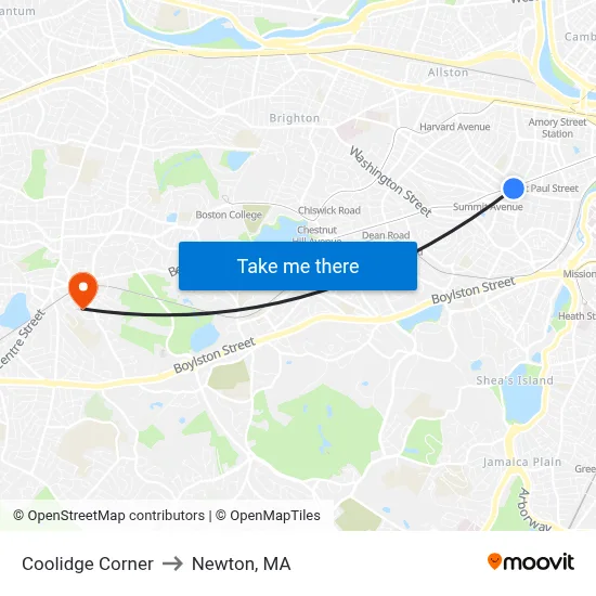 Coolidge Corner to Newton, MA map