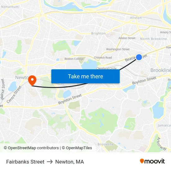Fairbanks Street to Newton, MA map