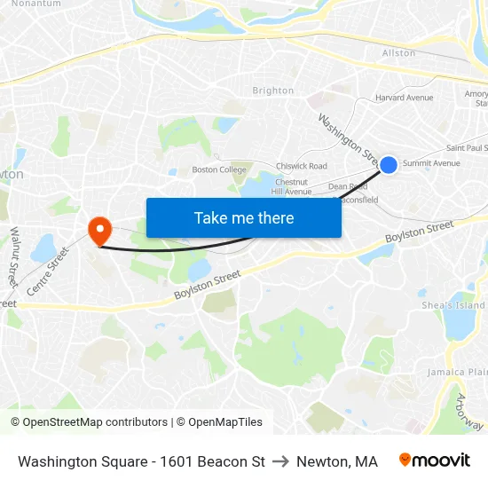 Washington Square - 1601 Beacon St to Newton, MA map