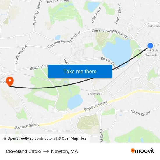 Cleveland Circle to Newton, MA map