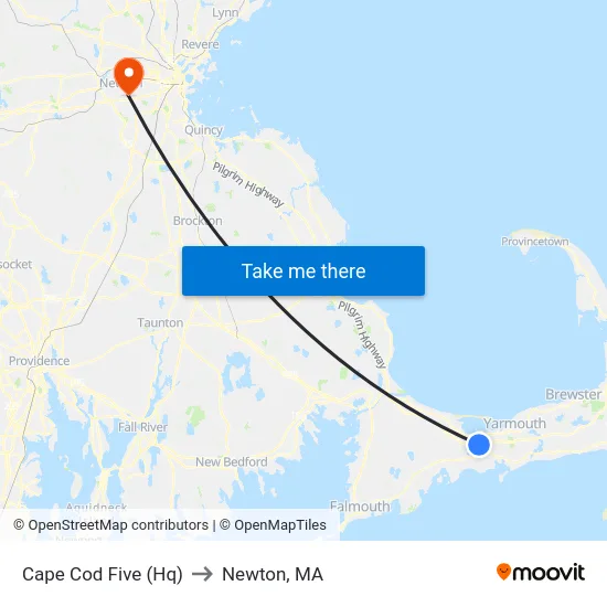 Cape Cod Five (Hq) to Newton, MA map