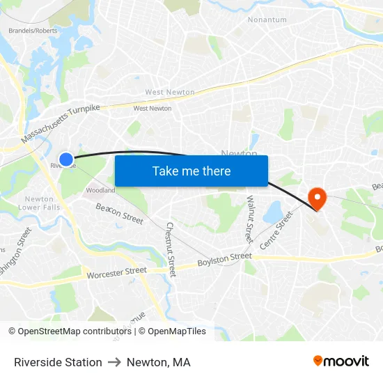 Riverside Station to Newton, MA map