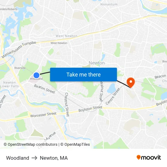 Woodland to Newton, MA map