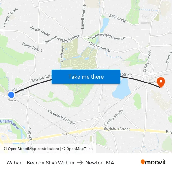Waban - Beacon St @ Waban to Newton, MA map