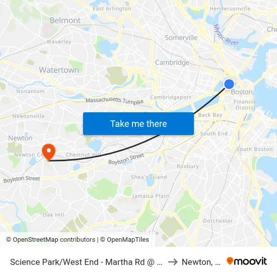 Science Park/West End - Martha Rd @ Amy Ct to Newton, MA map