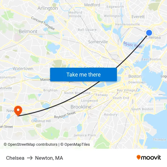 Chelsea to Newton, MA map