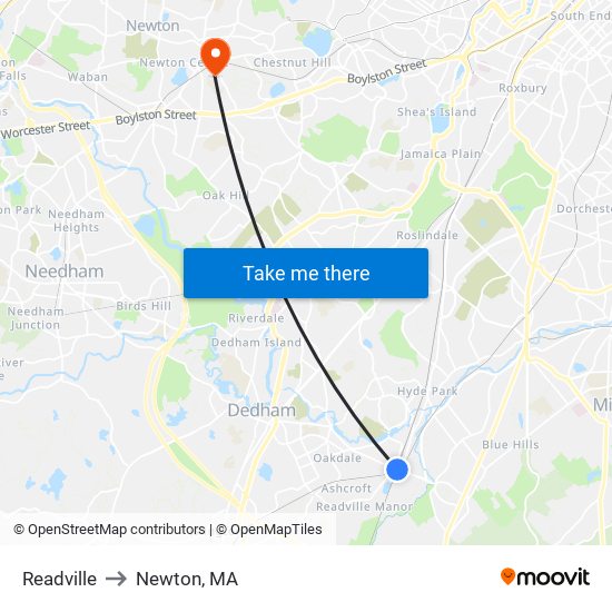 Readville to Newton, MA map