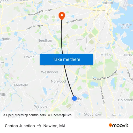 Canton Junction to Newton, MA map