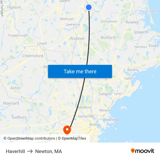 Haverhill to Newton, MA map