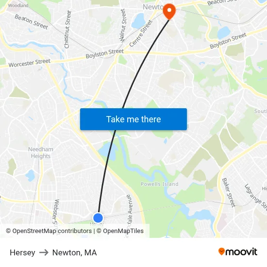 Hersey to Newton, MA map